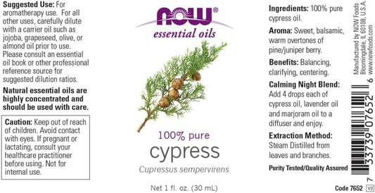 Now Essential Oils, Cypress Oil, Balancing Aromatherapy Scent, Steam Distilled, 100% Pure, Vegan, Child Resistant Cap, 1-Ounce