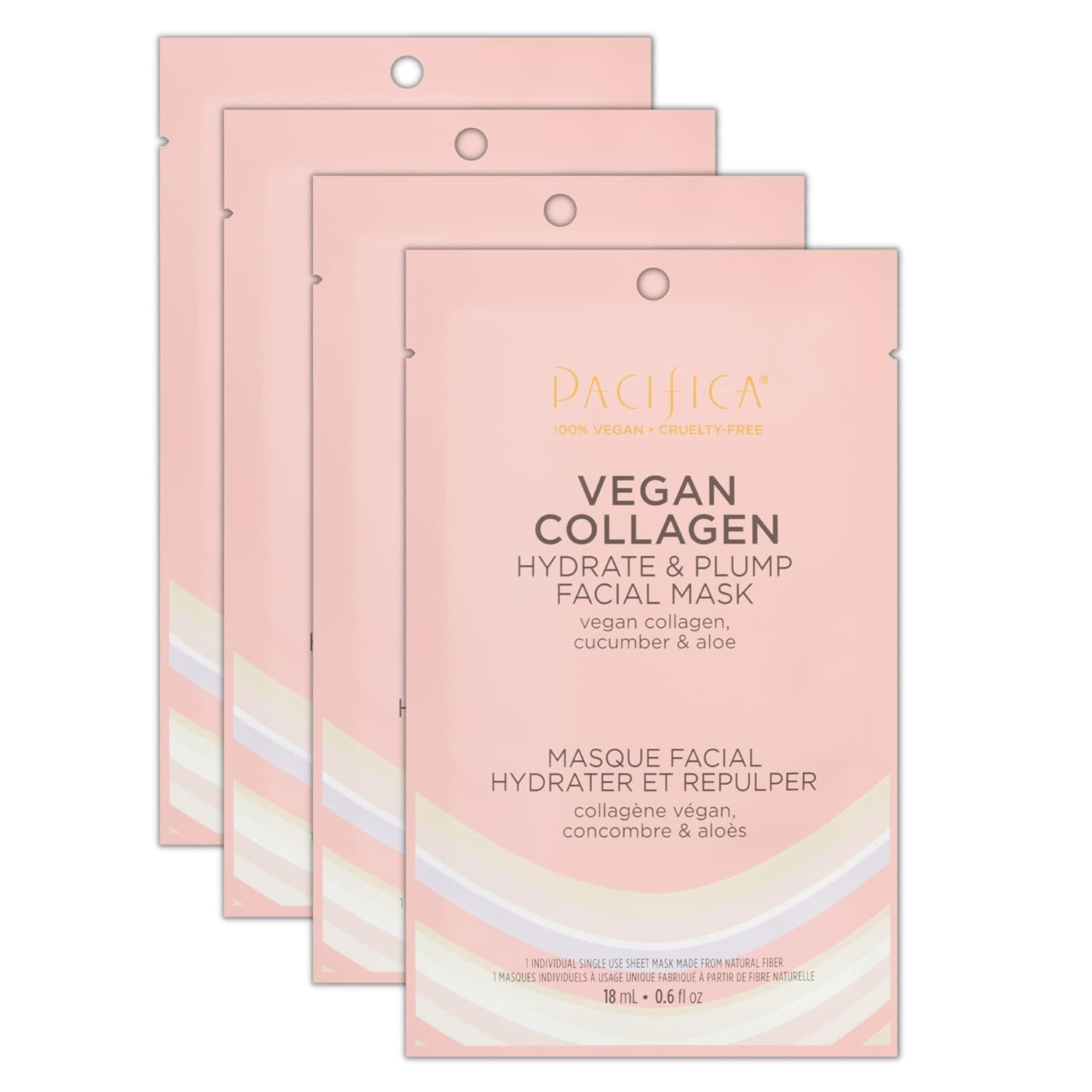 Pacifica Beauty, Vegan Collagen Hydrate & Plump Face Mask, Sheet Mask Set, Skincare, Moisturizer, Hydrated Dewy Skin, Cucumber & Aloe, For Dry & Aging Skin, 4 Pack, Vegan