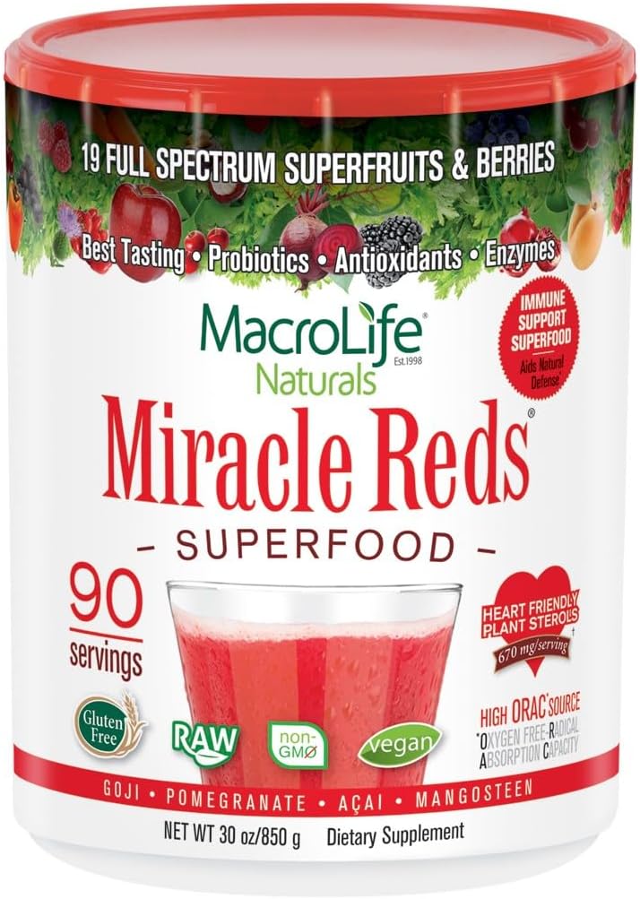 MacroLife Naturals Miracle Reds Superfood Supplement Powder Antioxidants Polyphenols Enzymes Probiotics - Raw Non-GMO Organic Vegan Gluten & Dairy Free - 30oz (90 Servings) 30oz