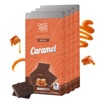 Choczero Caramel Filled Milk Chocolate Squares, No Sugar Added, Low Carb, Keto Friendly, Healthy Candy Snack, All Natural, 3.2 Ounce (Pack Of 4)