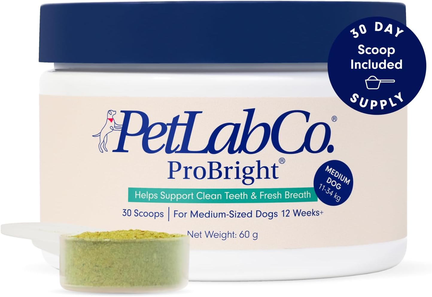 PetLab Co. ProBright® Dental Powder - Dog Breath Freshener - Teeth Cleaning Made Easy – Targets Tartar & Bad Breath - Formulated for Medium Dogs