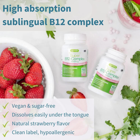 Super B12-Complex 1000Mcg, Methylated Vitamin B12 Sublingual, Clean Label, Methylcobalamin, Adenosylcobalamin & Hydroxocobalamin, 180 Servings, High Absorption Sugar-Free Melts, Vegan, By Igennus