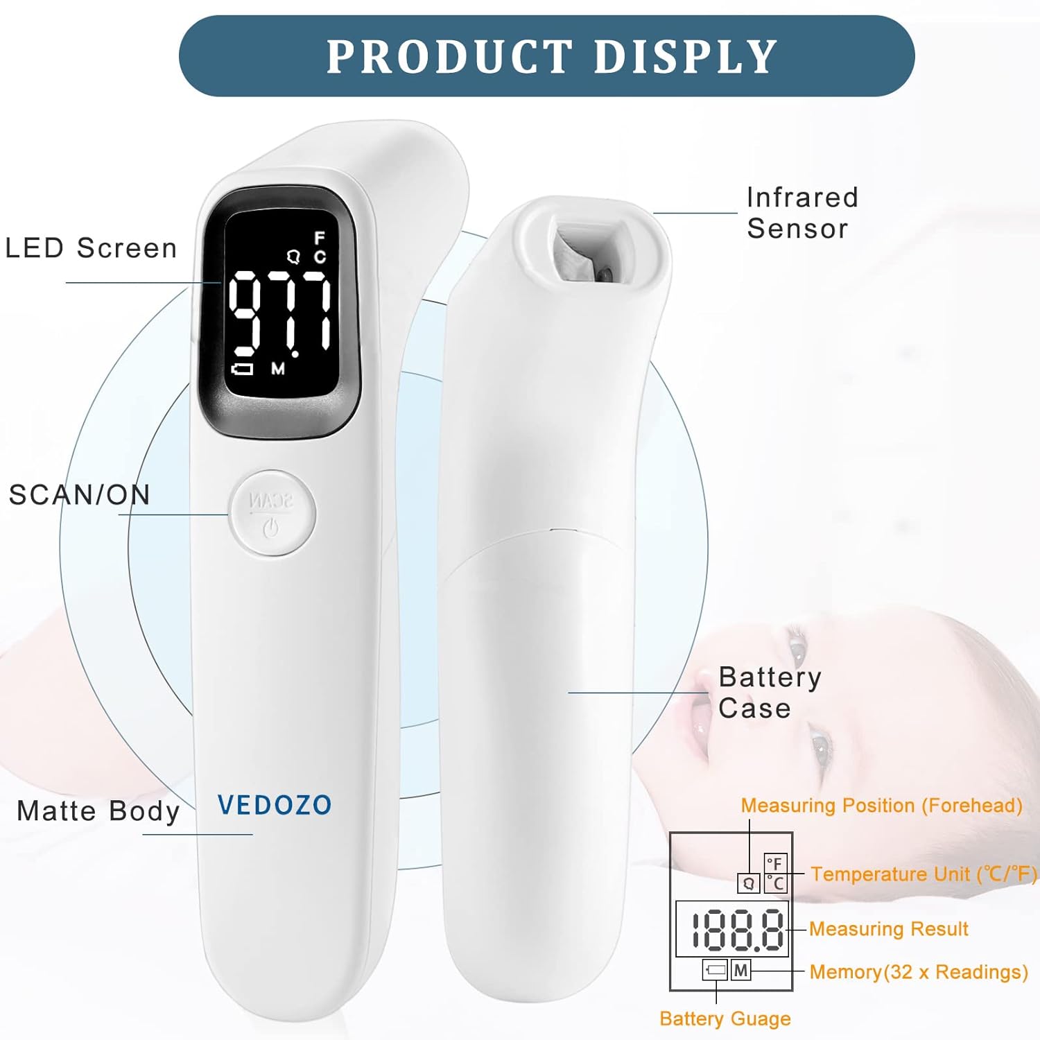 Forehead Thermometer, Vedozo Non-Contact Digital Infrared Thermometer for Kids Adults Fever Check Touchless Baby Thermometer with LED Screen, Accurate Reading, Memory Recall and Fever Alarm : Baby