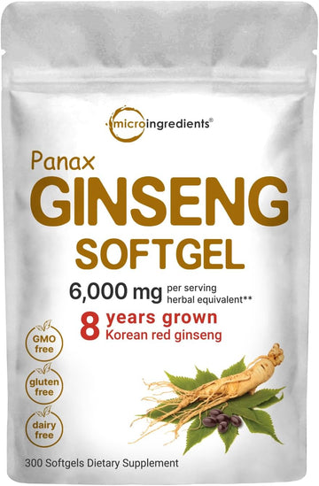 Micro Ingredients Red Panax Ginseng Supplement 6,000mg Per Serving, 300 Softgels | High Potency Korean Ginseng Root Extract with Active Ginsenosides | Supports Energy & Immune Health | Non-GMO