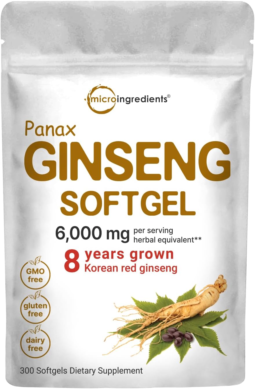 Micro Ingredients Red Panax Ginseng Supplement 6,000Mg Per Serving, 300 Softgels | High Potency Korean Ginseng Root Extract With Active Ginsenosides | Supports Energy & Immune Health | Non-Gmo