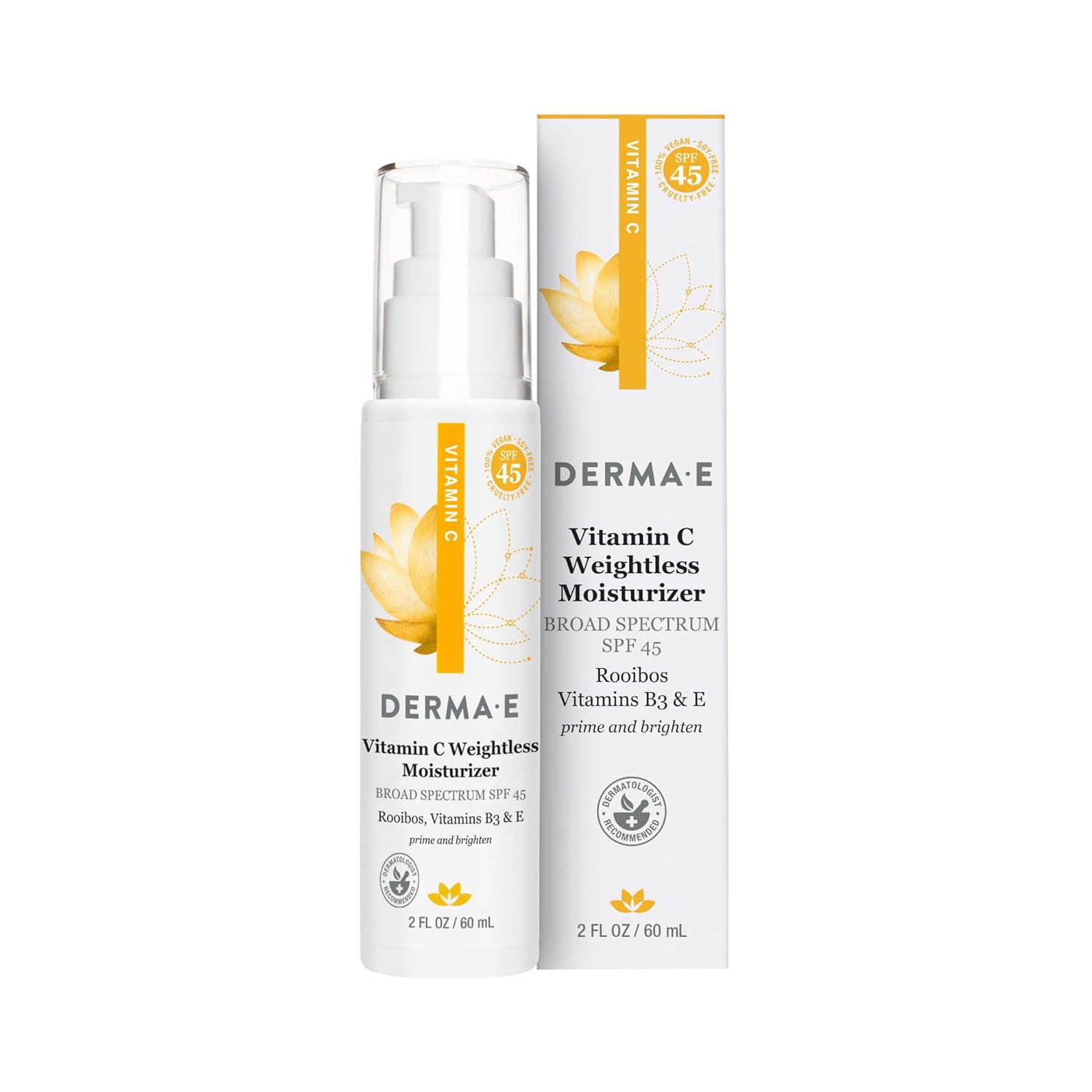 DERMA E Vitamin C Weightless Moisturizer SPF 45 – Skin Brightening Face Cream with Mineral UVA/UVB Sunscreen – Hydrating Facial Moisturizer for Lines, Wrinkles and Uneven Tone, 2 Fl Oz