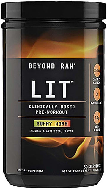 Beyond Raw Lit | Clinically Dosed Pre-Workout Powder | Contains Caffeine, L-Citrulline, Beta-Alanine, And Nitric Oxide | Gummy Worm | 60 Servings