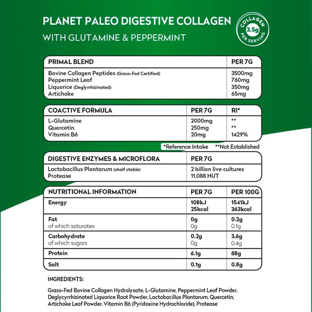 Planet Paleo Digestive Collagen Powder for Gut Health (245g, 35 Servings) Grass-Fed Bovine Collagen Peptides, with Liquorice, L-glutamine and Probiotics, Supports Digestion & Nutrient Absorption, Mint : Amazon.co.uk: Health & Personal Care