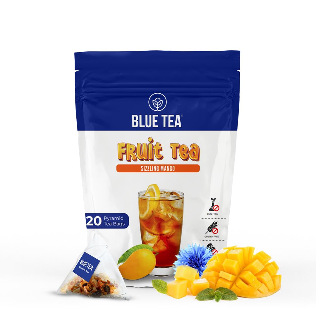 Blue Tea - Sizzling Mango Fruit Tea - 20 Plant Based Tea Bags || Super Anti-Oxidant | Caffeine Free - Fruity Flavor - Herbal Tea - Natural Ingredients - Farm Fresh - Vegan | Ziplock Packaging