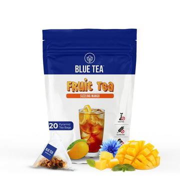 Blue Tea - Sizzling Mango Fruit Tea - 20 Plant Based Tea Bags || Super Anti-Oxidant | Caffeine Free - Fruity Flavor - Herbal Tea - Natural Ingredients - Farm Fresh - Vegan | Ziplock Packaging