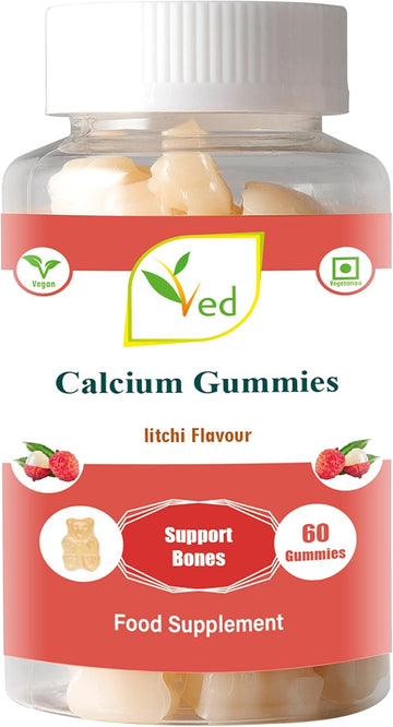 Ved Calcium Gummies; Chews Litchi Flavour, Calcium & Vitamin D Gummies, Vegetarian Vegan Health Supplement - 60 Chews 30 Days’ Supply