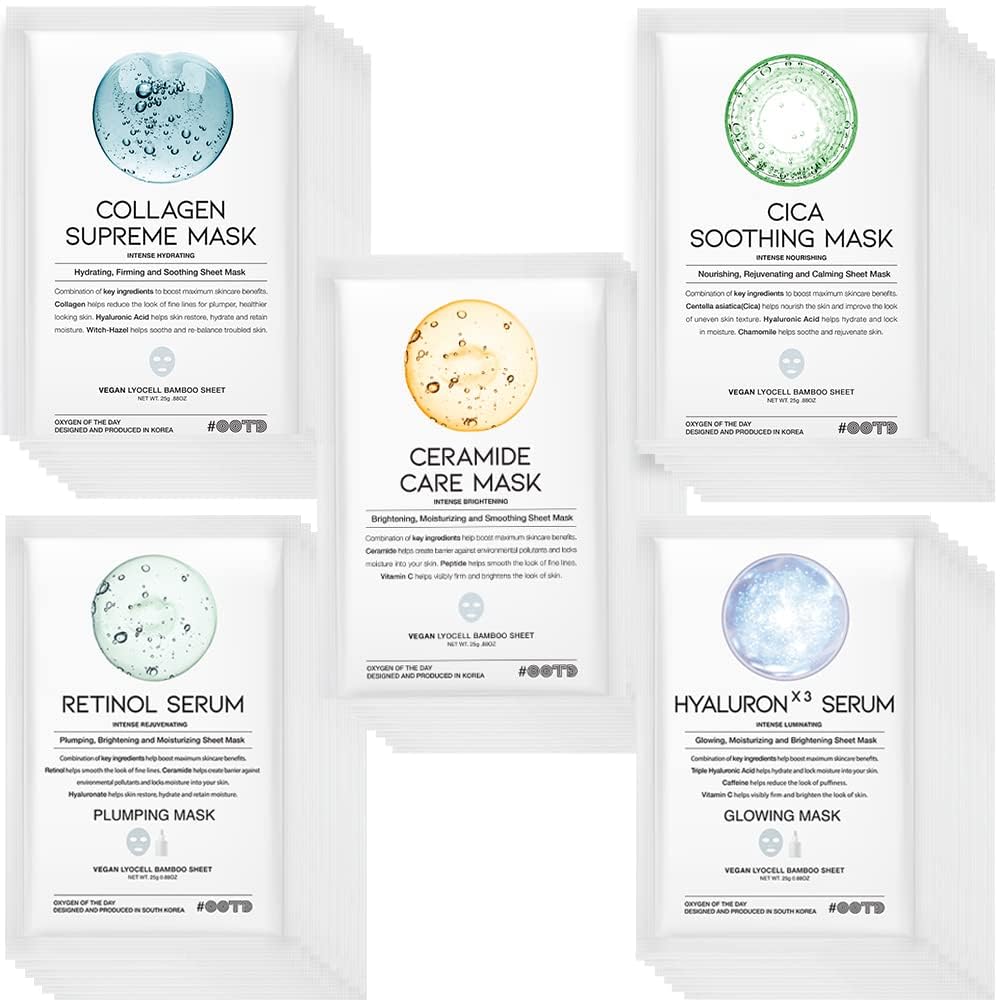 50Combo Korean Face Sheet Mask Gift Pack, Hydrating, Calming, Brightening, Smooting, Rejuvenating, Eve Vegan, Cica, Hyaluron, Retinol, Ceramide, Collagen