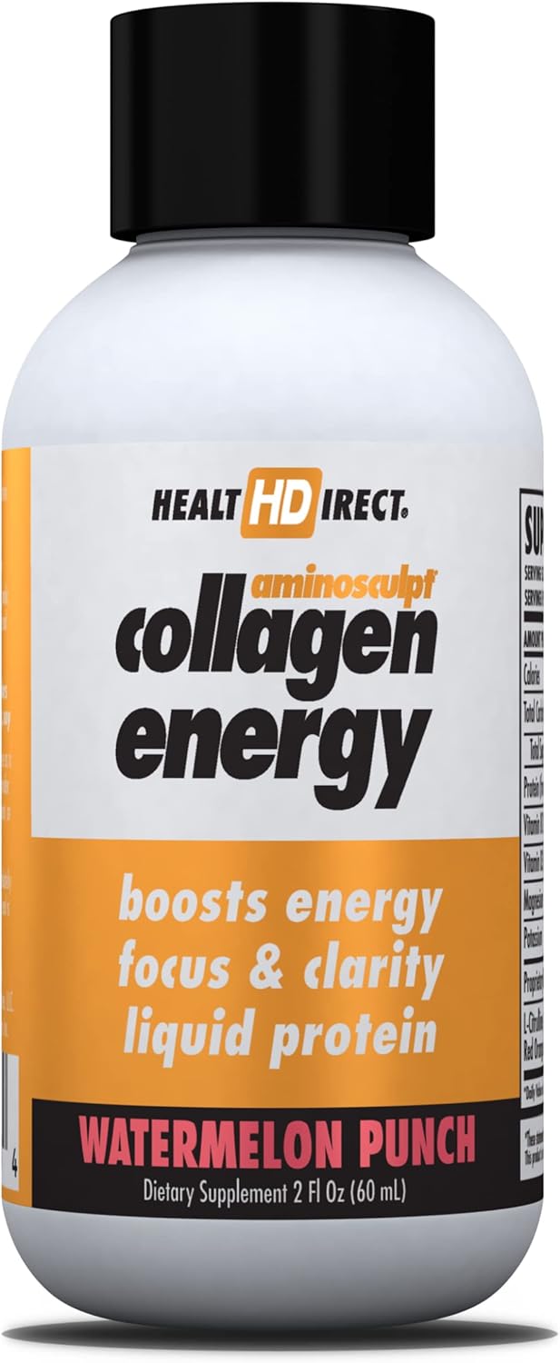 Health Direct - High-Energy Liquid Collagen - Aminosculpt Collagen Energy - 12 Servings 12Pk, 2Oz Shots - Watermelon Punch - Supports Focus & Clarity - Boosts Daytime Vitality - Better For Hair & Skin