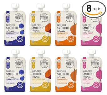 Serenity Kids 6+ Months Dairy-Free Smoothie Baby Food | Usda Organic | Grass Fed Collagen Protein | 3.5 Ounce Bpa-Free Pouch | Variety Pack | 8 Count
