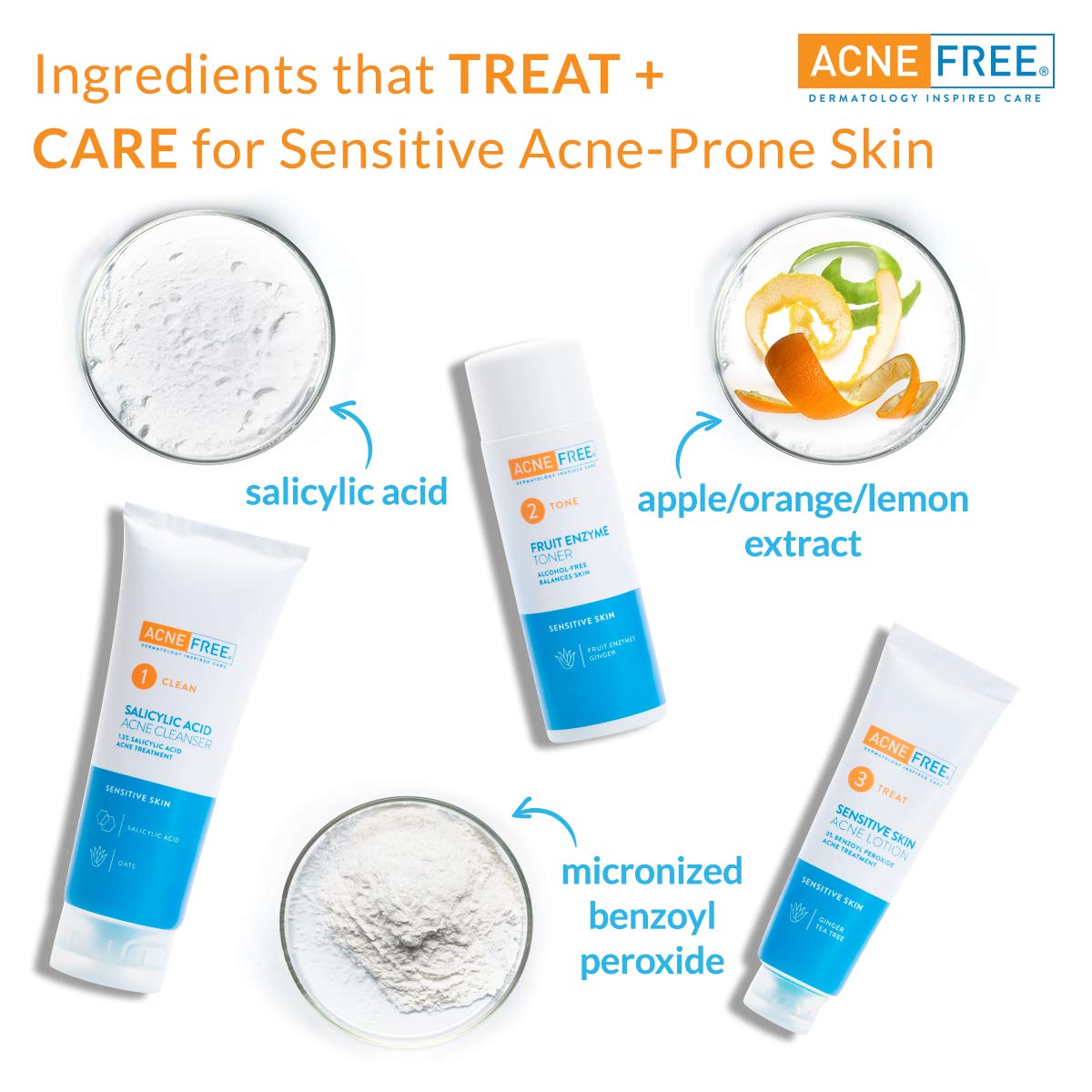 Acne Free 3-Step Acne Treatment Kit with Salicylic Acid Face Wash, Alcohol-Free Toner, & Benzoyl Peroxide Lotion for Sensitive Skin and Fighting Breakouts, 24 Hour Face Clearing System : Beauty & Personal Care