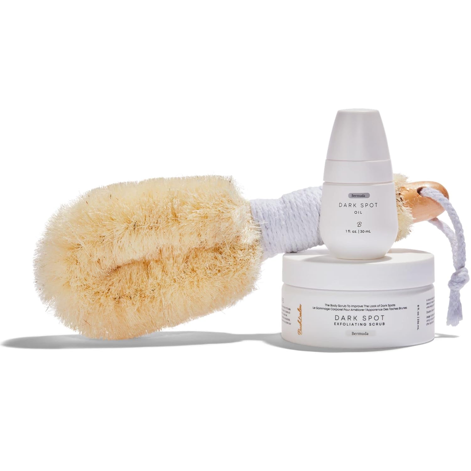 Bushbalm Dark Spots And Ingrown Hair 3 Step Routine - Rejuvenate And Nourish - Bermuda Oil (30 Ml), Bermuda Dark Spot Exfoliating Scrub (236 Ml) And Nordic Dry Brush