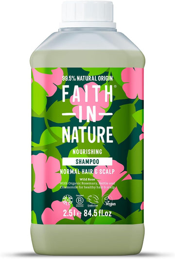Faith In Nature Natural Wild Rose Shampoo, Nourishing For Normal Hair & Scalp, Vegan & Cruelty Free, No Sls, Silicones Or Parabens, 2.5L Refill
