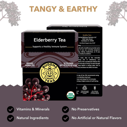 Buddha Teas - Organic Elderberry - Herbal Tea - For Health & Wellbeing - With Antioxidants & Minerals - Clean Ingredients - Caffeine Free - Ou Kosher & Non-Gmo - 18 Tea Bags (Pack Of 1)