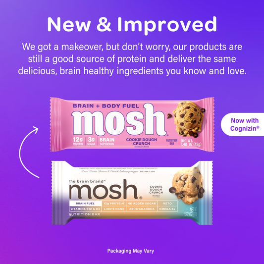 Mosh Cookie Dough Crunch Keto Protein Bars, High Protein, Gluten Free, Brain Healthy Snack With Ashwagandha And Lions Mane, 12 Count