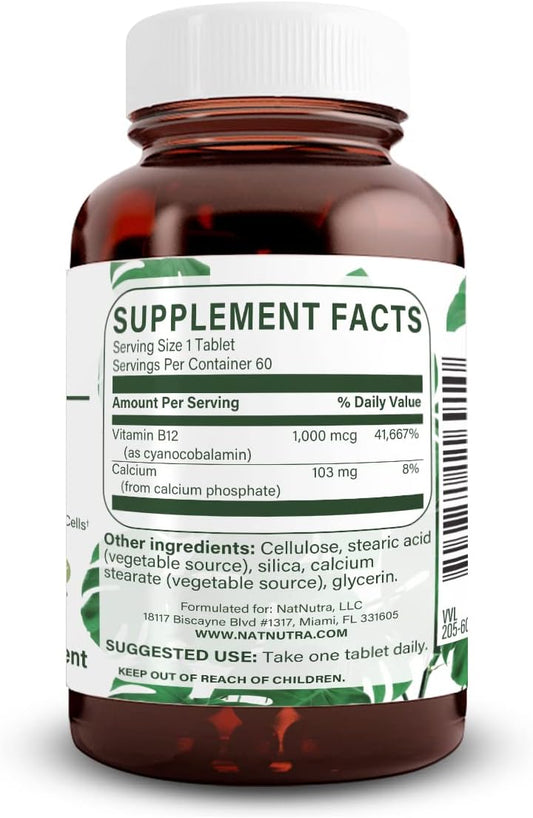 Natural Nutra Vitamin B12 1000 Mcg, Cobalamin B 12 Supplement, Calcium Phosphate, Help In Metabolism Health, Optimal Absorption, Gluten Free, Sugar Free, 60 Vegan Tablets