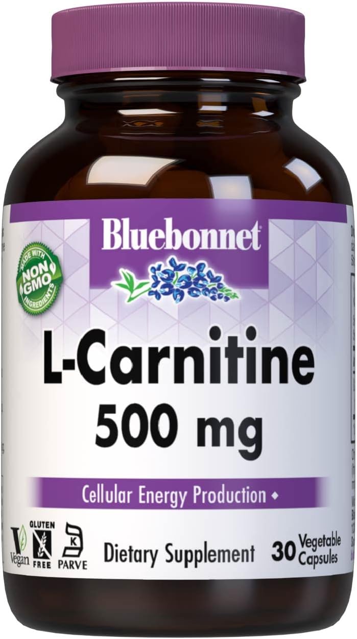Bluebonnet Nutrition L-Carnitine 500Mg, Transports Fatty Acids*, Boosts Cellular Energy*, Soy-Free, Gluten-Free, Non-Gmo, Kosher Certified, Vegan, 30 Vegetable Capsules, 30 Servings