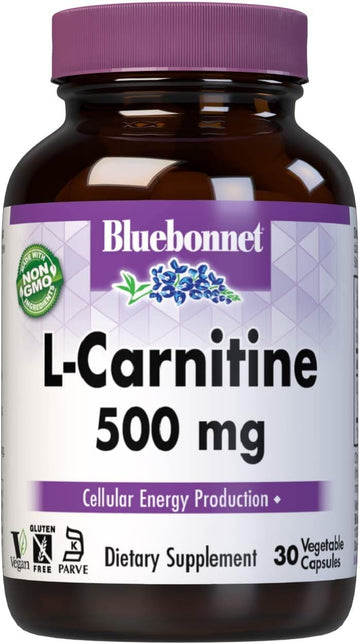 Bluebonnet Nutrition L-Carnitine 500Mg, Transports Fatty Acids*, Boosts Cellular Energy*, Soy-Free, Gluten-Free, Non-Gmo, Kosher Certified, Vegan, 30 Vegetable Capsules, 30 Servings