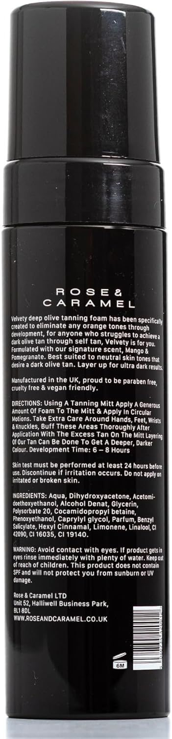 Rose & Caramel Velvety Dark - Ultra Dark Olive Self Tanning Mousse 200Ml No Orange Tones. Extra Dark Fake Tan (Dark - Ultra Dark)