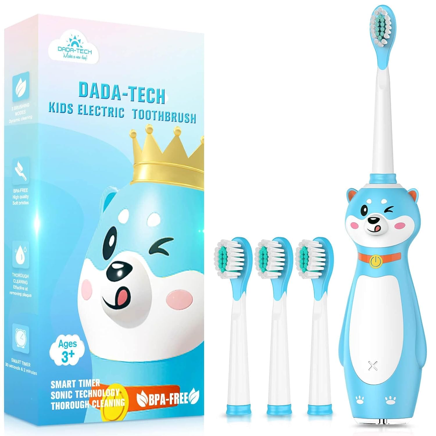 DADA-TECH Kids Electric Toothbrush Rechargeable, Sonic Silicone Teeth Brush with Timer for Children Boys Girls Ages 3+, 3 Modes with Memory, 4 Soft Brush Heads (Blue Shiba Inu Dog)