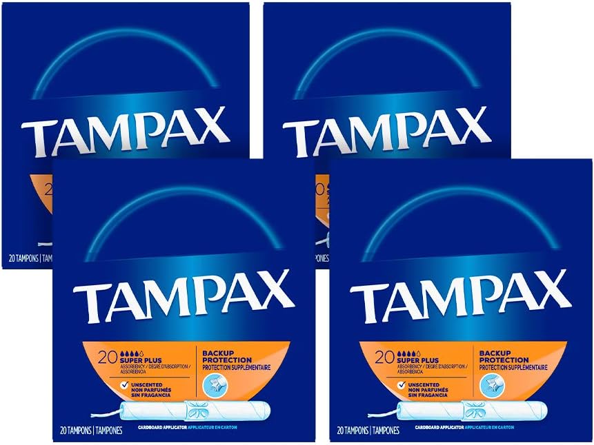 Tampax Cardboard Applicator Tampons, Super Plus Absorbency, Unscented, 20 Count - Pack of 4 (80 Total Count)