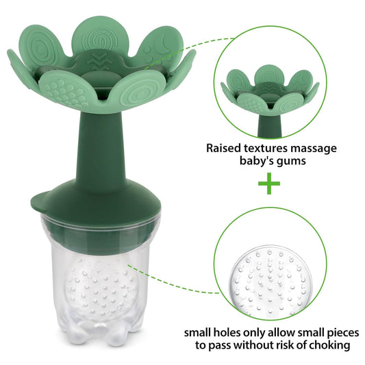 Haakaa Flower Baby Fresh Fruit Food Feeder with Mini Freezer Nibble Tray, Breastmilk Popsicle Mold for Baby Cooling Relief, Food Grade Silicone Baby Mesh Feeder for Infants 4M+ (PeaGreen)