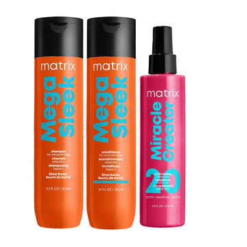 Matrix Mega Sleek Shampoo, Conditioner, & Miracle Creator Set | Controls Frizz Leaving Hair Smooth & Shiny | Nourishes With Shea Butter | For Dry, Damaged Hair | Salon Routine | Packaging May Vary