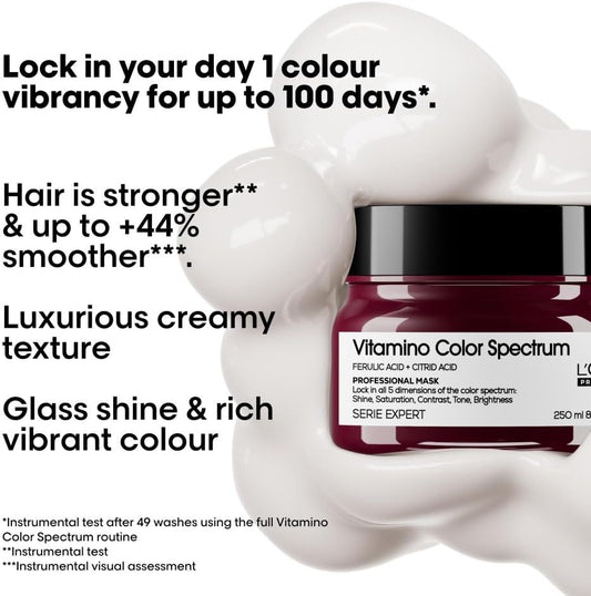 L'Oréal Professionnel Vitamino Color Spectrum Rinse Off Hair Mask 250Ml, For Coloured Hair, With Ferulic Acid + Citric Acid, Stronger & Smoother Hair, Conditioner Treatment