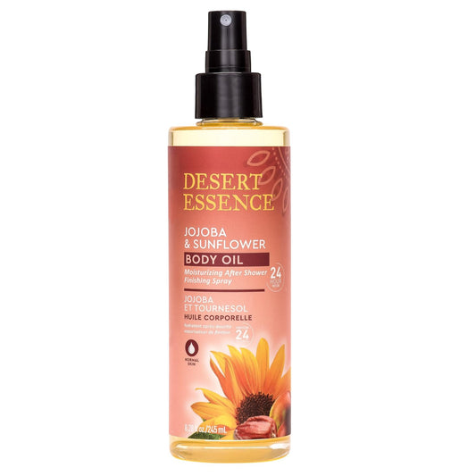 Desert Essence, Jojoba & Sunflower Body Oil Spray, 8.28 Fl. Oz. - Gluten-Free, Vegan, Cruelty Free - 24Hour Moisture, Soothes Skin, Perfect For Sensitive Skin, Illuminating Body Spray