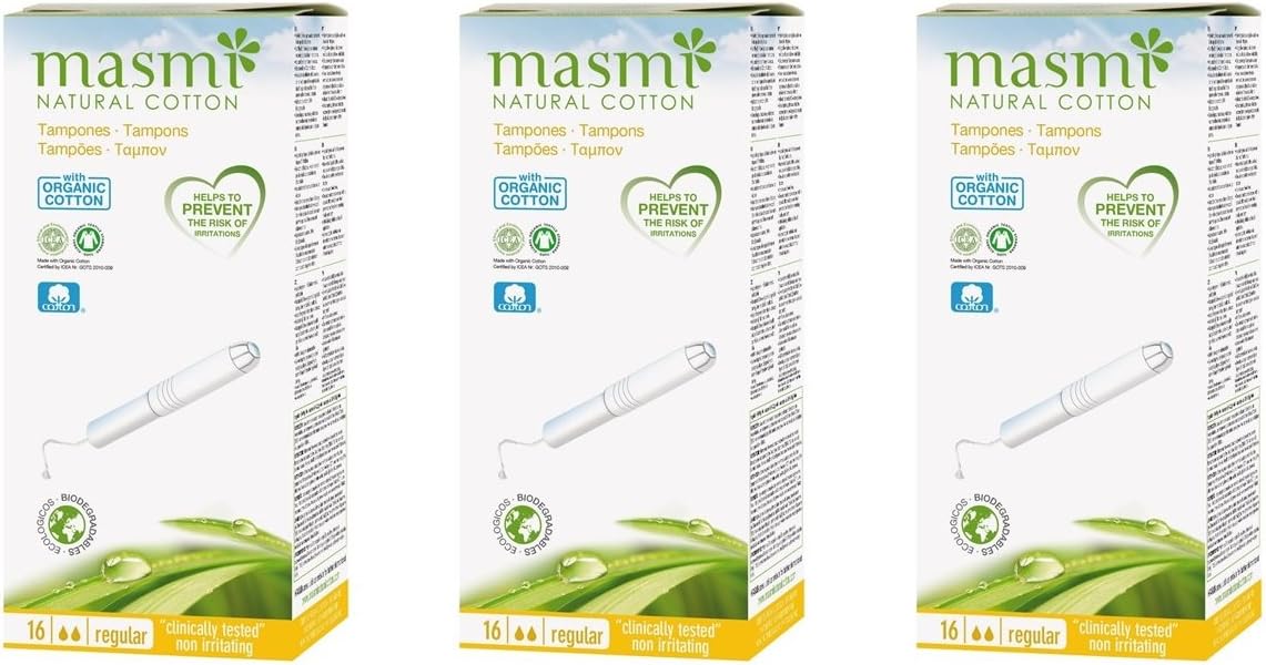 Organic Masmi Regular Applicator Tampons Cotton, Plastic Free, 100% Biodegradable, Perfume Chlorine And Dioxin Free (Triple Pack)