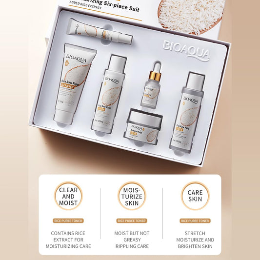 Bioaqua Rice Raw Pulp Rejuvenating Moisturizing Face Cream Cleanser Toner Lotion Eye Cream Ha Essence 6Pcs Suit Skin Care Gift Box
