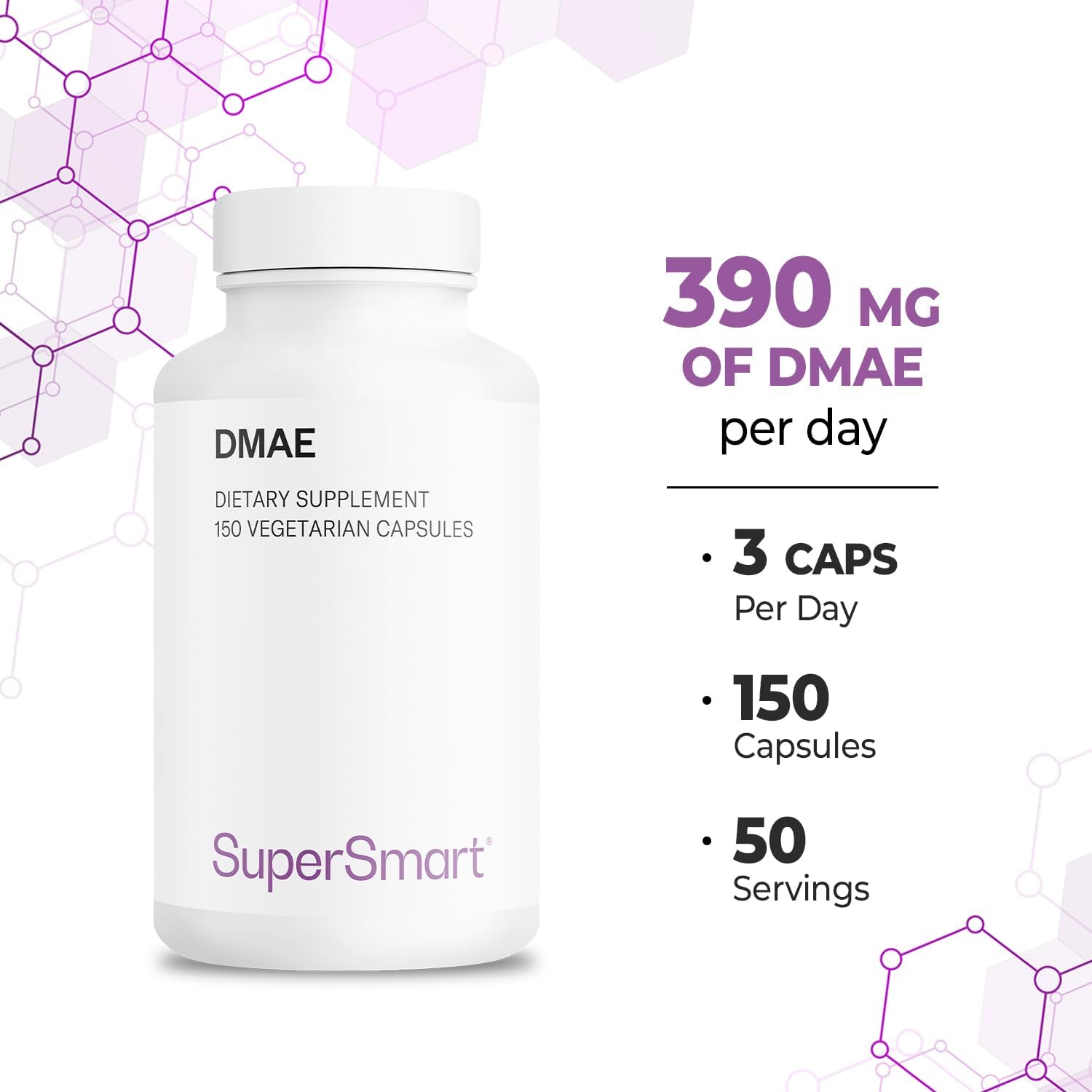 Supersmart - Dmae Supplement 390Mg Per Day (Dimethylaminoethanol) - From Dmae Bitartrate - Choline Production | Non-Gmo & Gluten Free - 150 Vegetarian Capsules : Health & Household