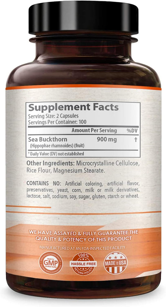 Pure Omega 7 Fatty Acids 200 Capsules 900mg Natural Sea Buckthorn Oil, NON-GMO USA Made