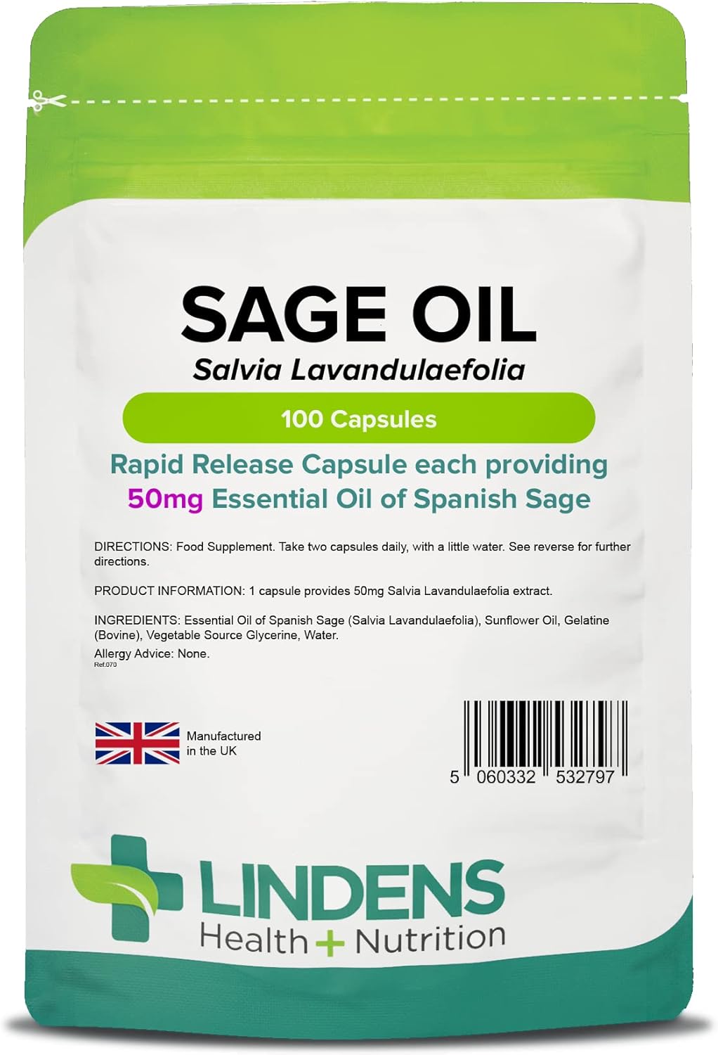 Lindens - Sage Essential Oil 50Mg - 100 Softgel Capsules - Uk Made - Popular Food Supplement For Women During Menopause - Free From Thujone - Letterbox Friendly