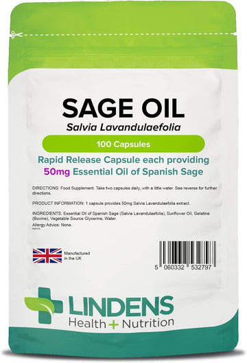 Lindens - Sage Essential Oil 50Mg - 100 Softgel Capsules - Uk Made - Popular Food Supplement For Women During Menopause - Free From Thujone - Letterbox Friendly