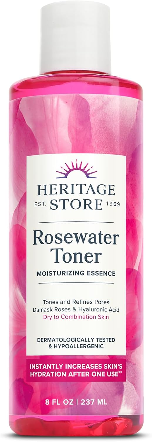 Heritage Store Rosewater Facial Toner With Hyaluronic Acid, Dry To Combination Skin, Hydrating Toner Refines Pores, Minimizes Look Of Fine Lines And Wrinkles, Hypoallergenic, Vegan, Cruelty Free, 8Oz