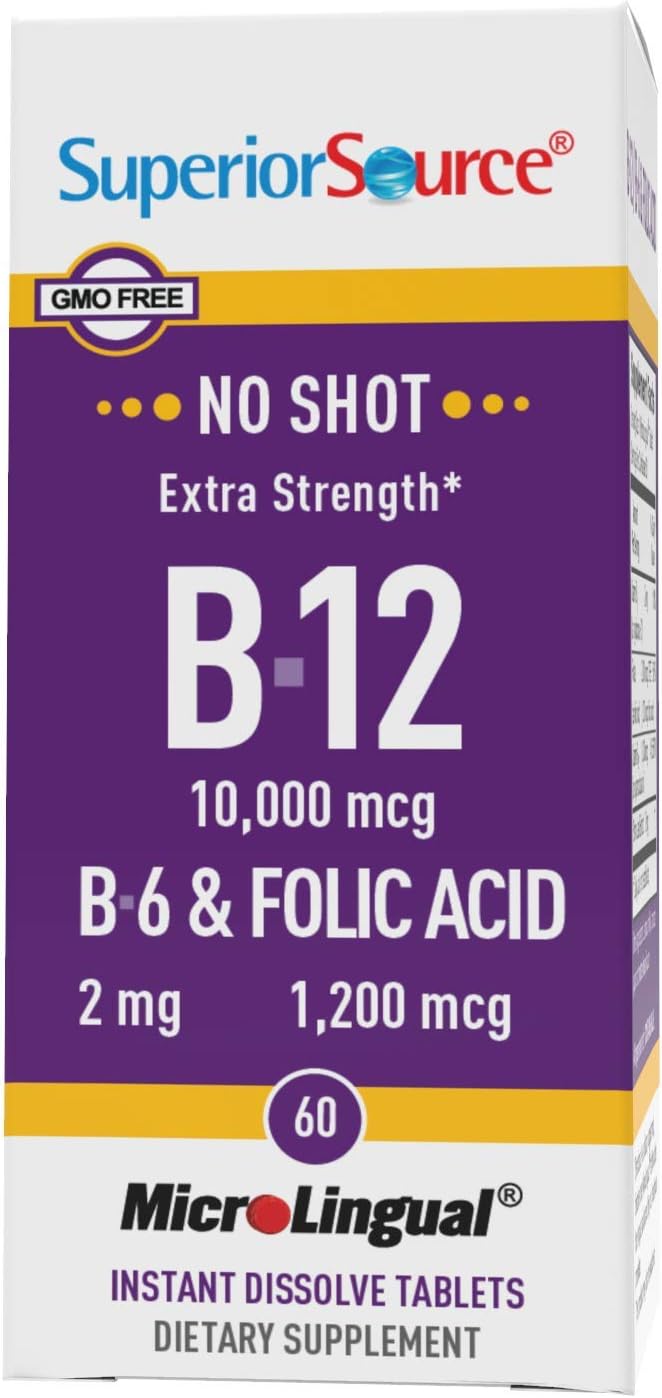 Superior Source No Shot Vitamin B12 Cyanocobalamin (10000 mcg), B6, Folic Acid, Quick Dissolve MicroLingual Tablets, 60 Count, Increase Energy, Healthy Heart, Boost Metabolism, Stress Support, Non-GMO : Health & Household