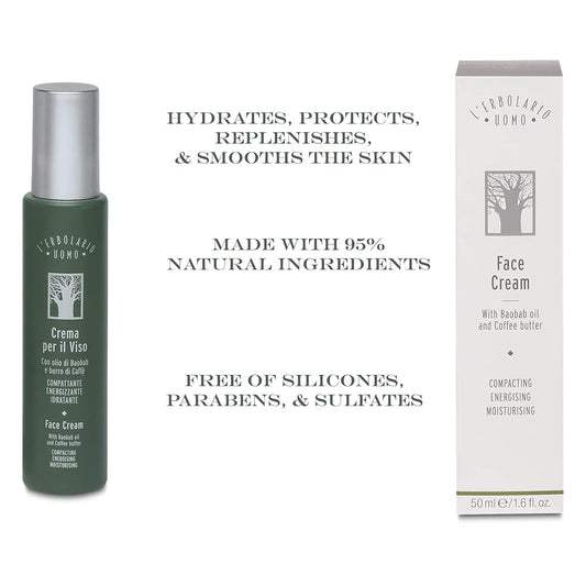 L'Erbolario Uomo Face Cream – Energizing And Firming Face Moisturizer For Men With Coffee Butter And Baobab Oil – Skincare For All Skin Types - 1.6 Oz