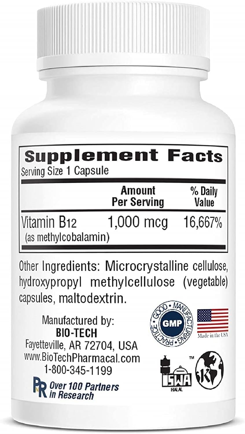 Vitamin B12 Methylcobalamin Methyl Cobalamin Dietary Supplement For Red Blood Cell Formation Dna Synthesis Cardiovascular Health Homocysteine Metabolism Cognitive Function Restful Sleep - 100 Capsules : Health & Household