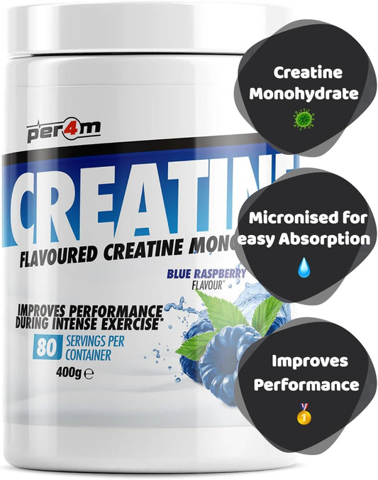 Per4M Creatine Powder | 80 Servings Of Micronised Creatine Monohydrate | Performance & Strength | 8 Flavours (400G, Berry Blast)