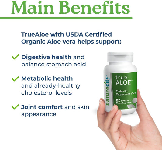 Naturecity True-Aloe 80,000Mg Aloe Vera Gel Equivalent Per Serving– Made With Organic Aloe Vera (360 Capsules) Digestive, Skin And Joint Support|Small Easy-To-Swallow Pills