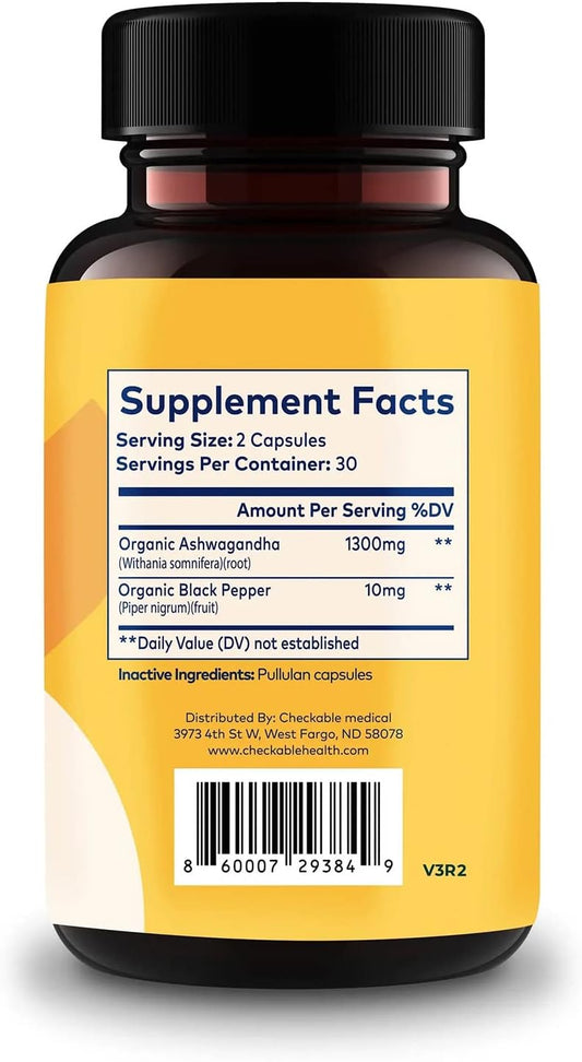 Checkable Ashwagandha Supplements - Naturally Supports Improvement For Mood, Immune Health, Memory, And Focus - 1310 Mg Of Organic Ashwagandha And Black Pepper - 60 Capsules