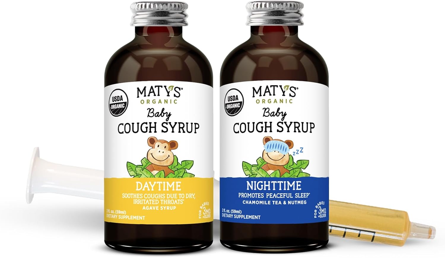 Matys Organic Baby Cough Syrup Day & Night Value Pack For Babies & Infants 3 Months + Up, Soothing Daytime & Nighttime Cough Relief, Made With Agave Syrup, Melatonin & Dye Free, 2 Pack, 2 Fl Oz Each