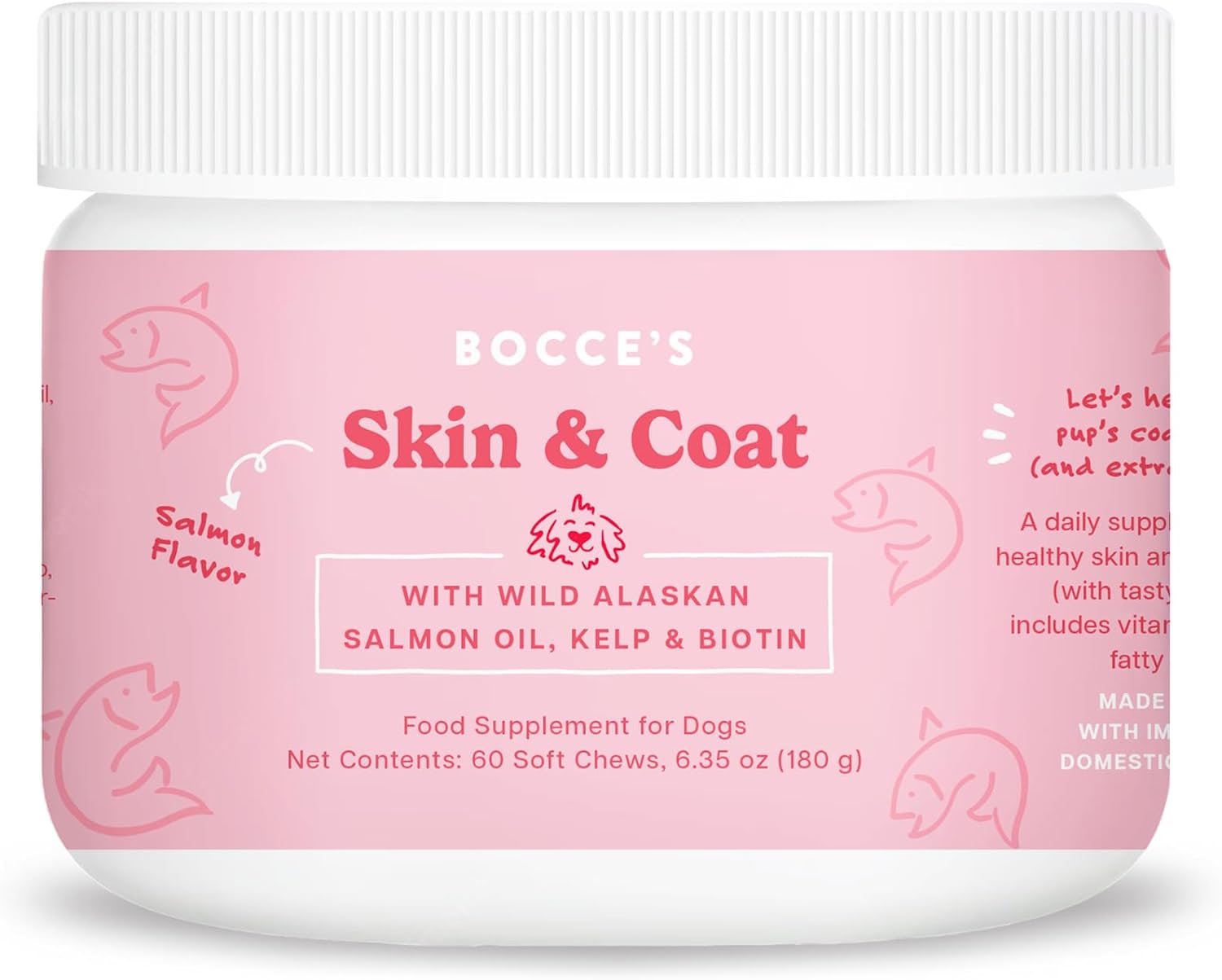 Bocce'S Bakery Skin & Coat Supplement For Dogs, Daily Chews Made In The Usa With Vitamin E & Essential Fatty Acids, Supports Healthy Skin & Coat, Salmon, 60 Ct, Red (Dg-Sp-Skin60)