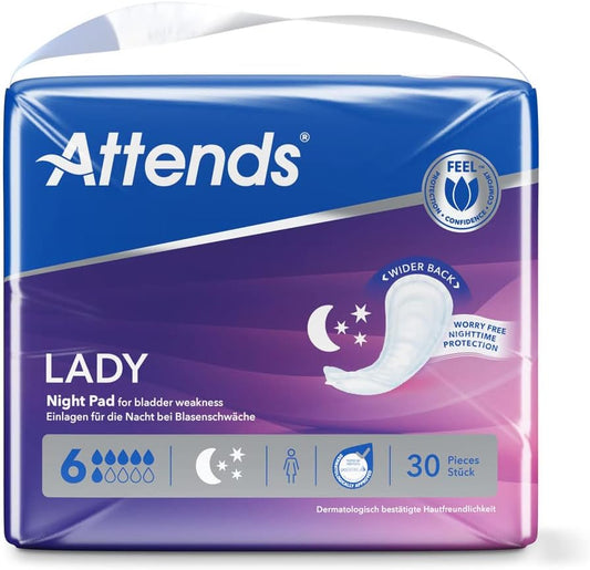 Attends Lady Night Pad 6 (1 X 30 Pieces) - Night Time Liners - Suitable For Moderate To Severe Urinary Incontinence - 100% Breathable - Odour Protection - Designed For Women