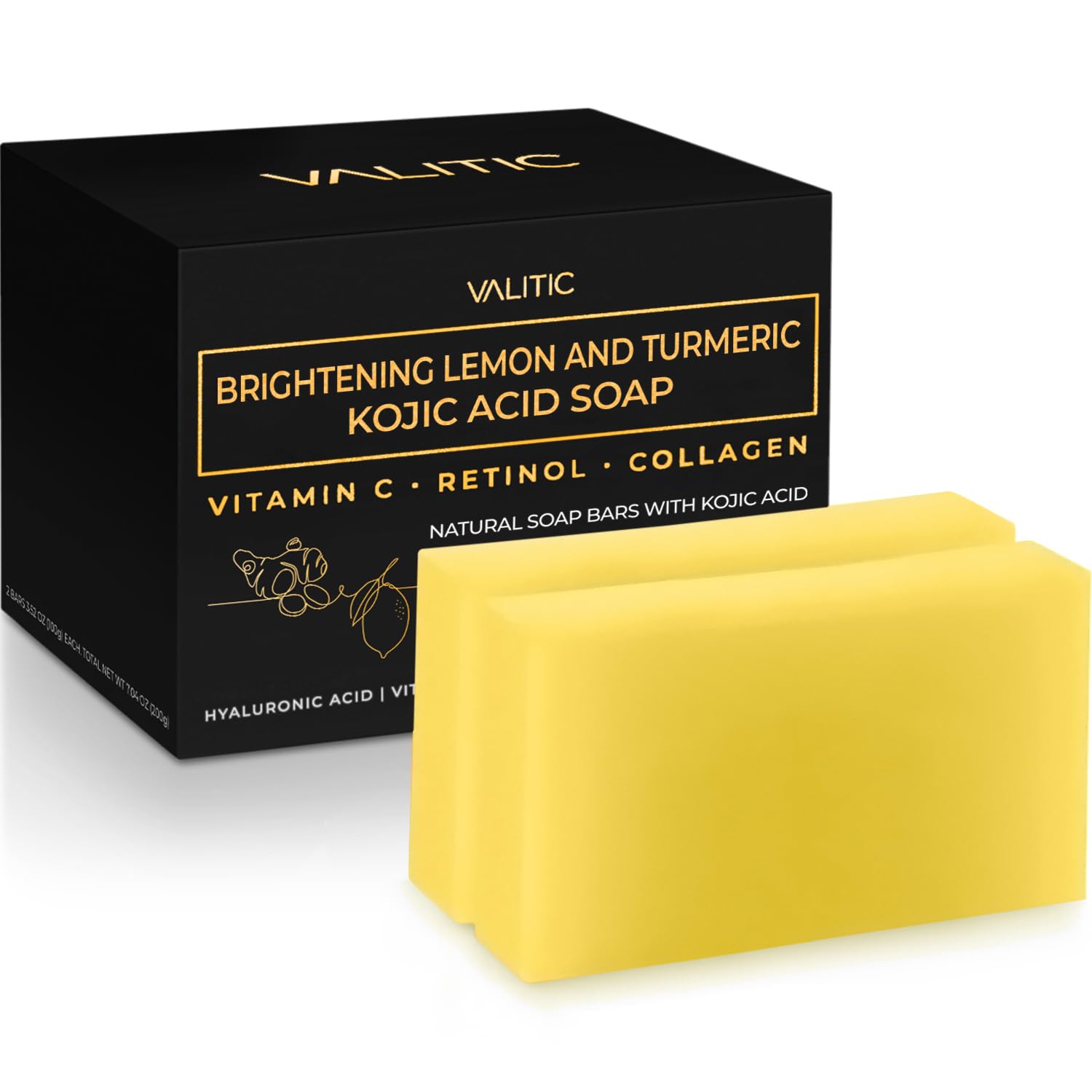 Valitic Brightening Lemon & Turmeric Kojic Acid Soap With Vitamin C, Retinol, Collagen - Original Japanese Complex Infused With Hyaluronic Acid, Vitamin E, Shea Butter, Castile Olive Oil (2 Pack)